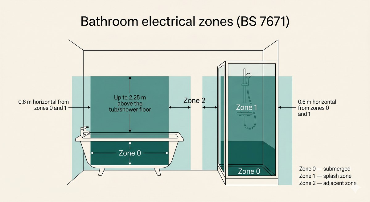 Diagram showing bathroom electrical zones 0, 1 and 2 with dimensions and permitted equipment