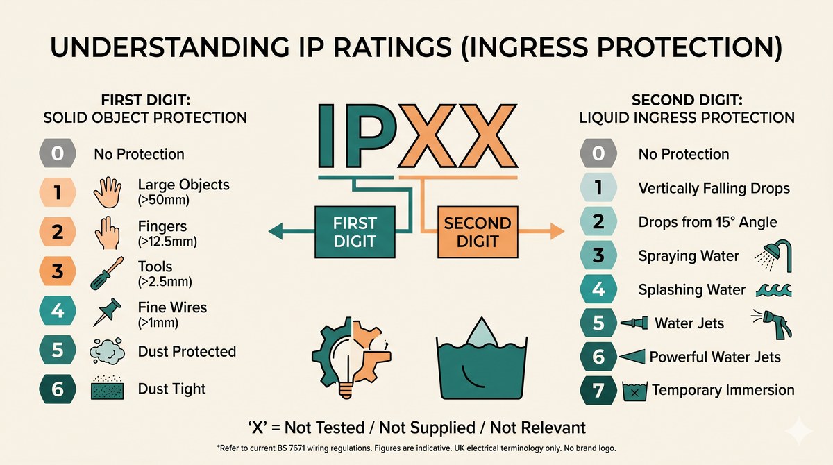 Infographic showing IP rating codes and which ratings are required for each bathroom zone