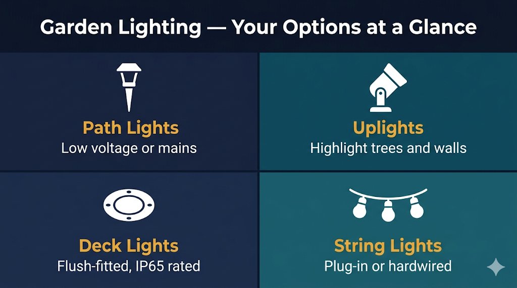 Garden lighting options at a glance — path lights, uplights, deck lights and festoon string lights