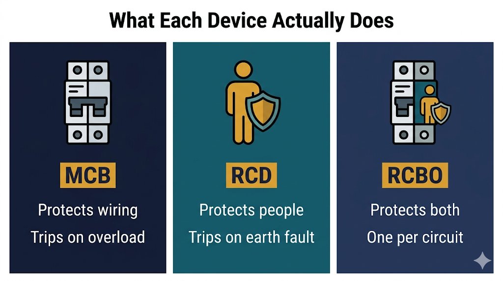 MCB vs RCD vs RCBO comparison — what each device protects against in a consumer unit