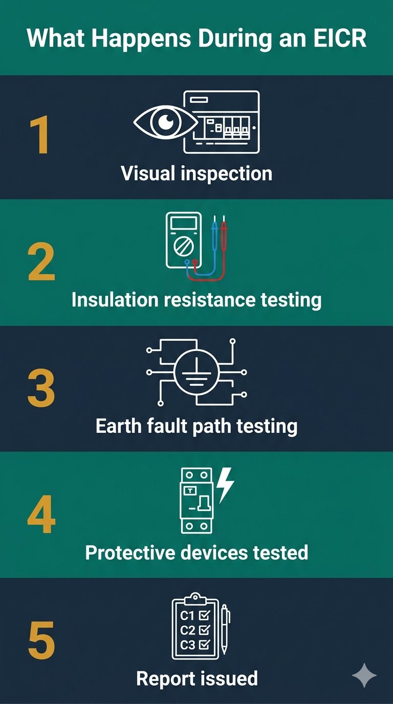 What happens during an EICR: 5 stages from visual inspection to report issued, to BS 7671