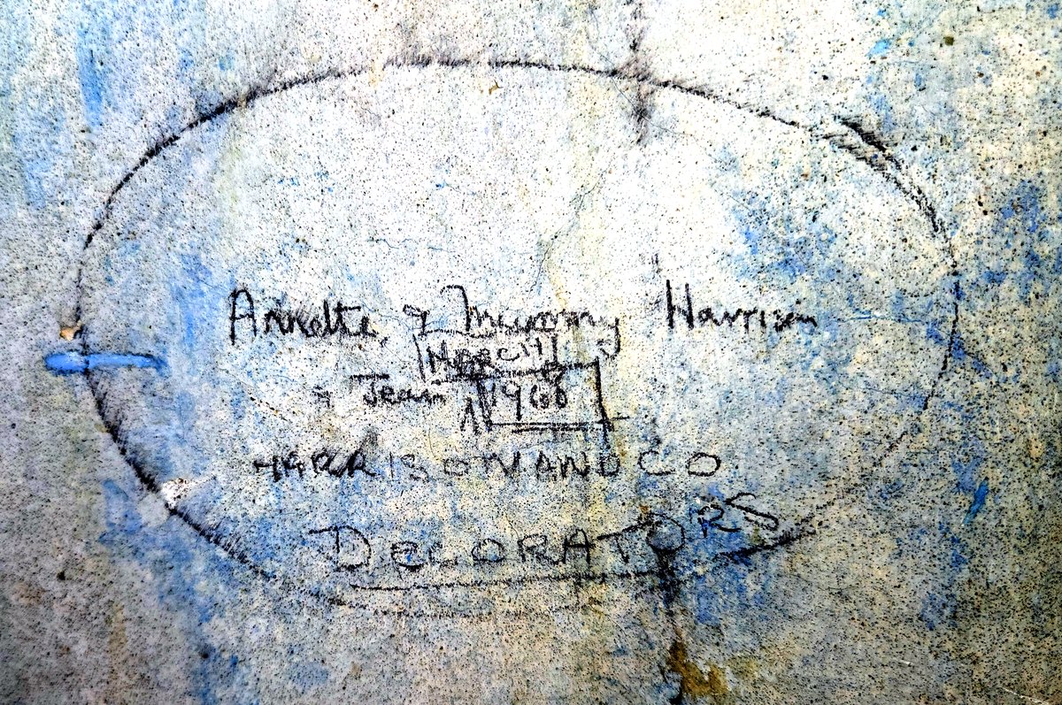 A pencil circle on plaster reading Annette and Anthony Harrison and Jean, March 1968, Harrison and Co Decorators