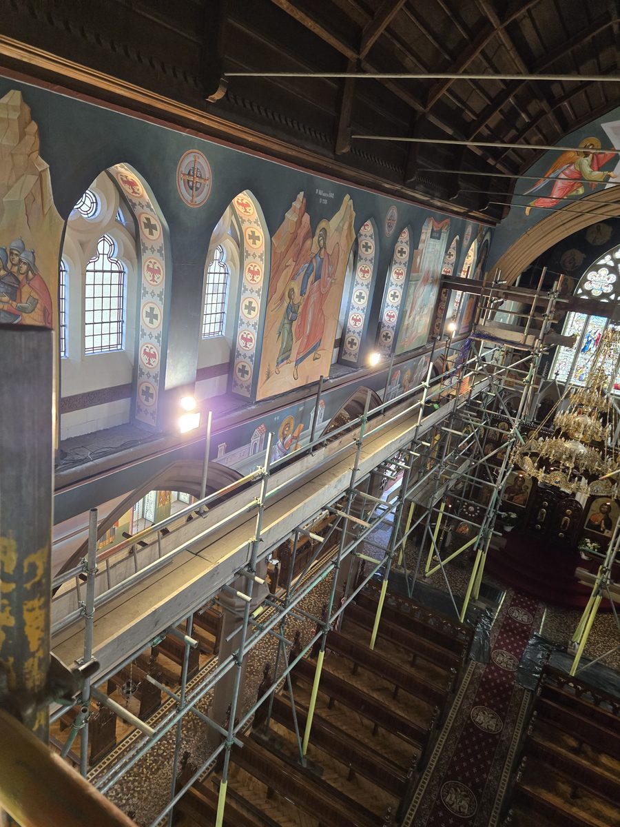 Scaffold walkways running the length of the church nave
