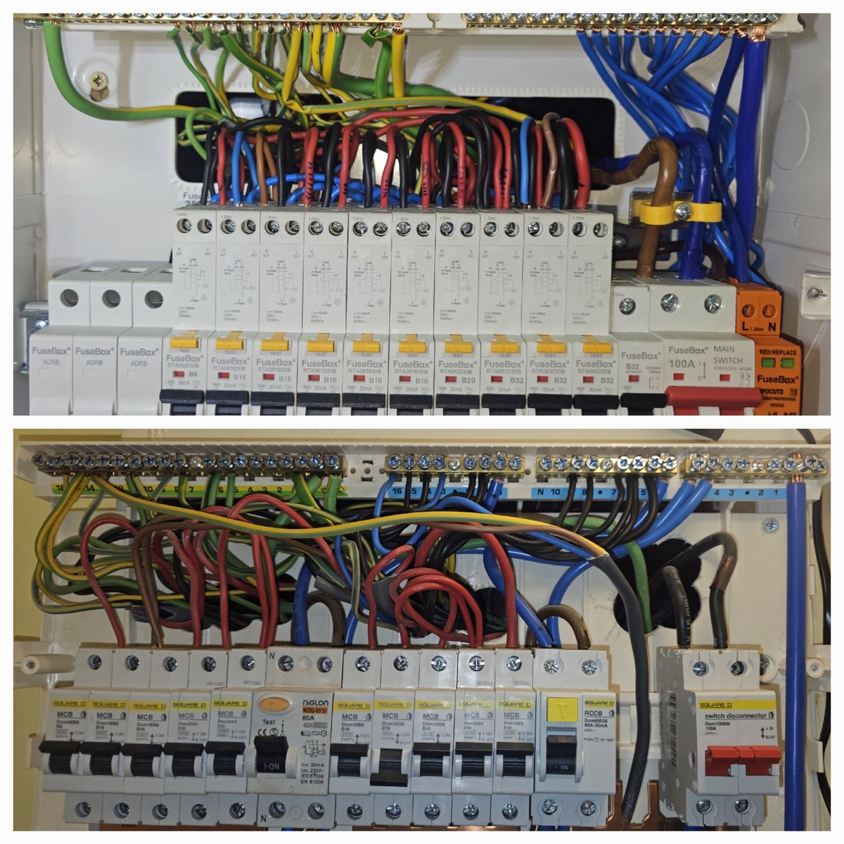 Before and after a consumer unit upgrade — the old split-load board with mixed MCBs and a single RCD (bottom), replaced with a modern FuseBox unit with individual RCBOs on every circuit (top), fitted by Bright Sparks of York