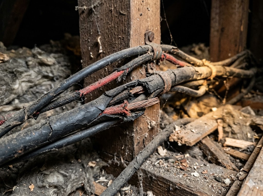 Old rubber-insulated electrical cables inside a wall, showing brittle and cracked insulation
